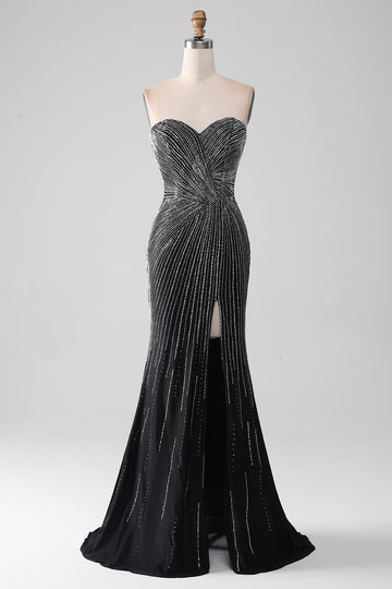 Black Glitter Mermaid Sweetheart Strapless Ball Dress with Slit